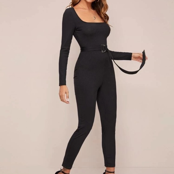 Black Bodycon Square Neck Long Sleeve Jumpsuit - Picture 1 of 5